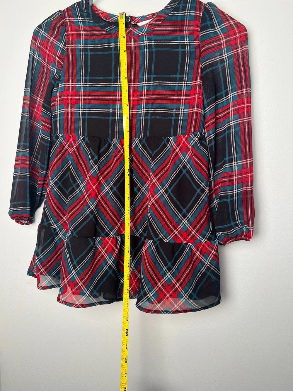 Draper James girls-XS Holliday Red and Black Plaid Tiered Long Sleeve dress.